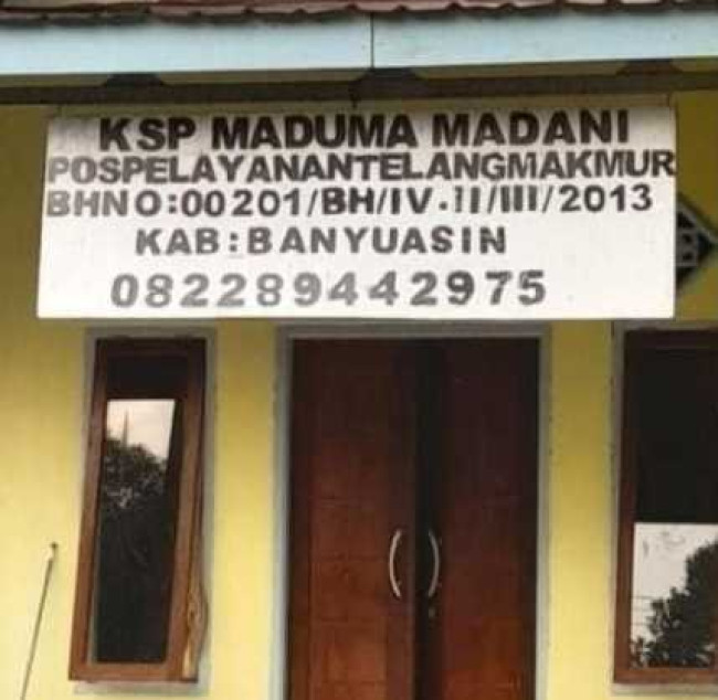 KSP Maduma Madani Telang Makmur Kec Muara Telang Selain Tidak Memiliki Izin Domisili Dari Desa Setempat DiDuga Bunga Pinjaman Nasabah 20-25 %.