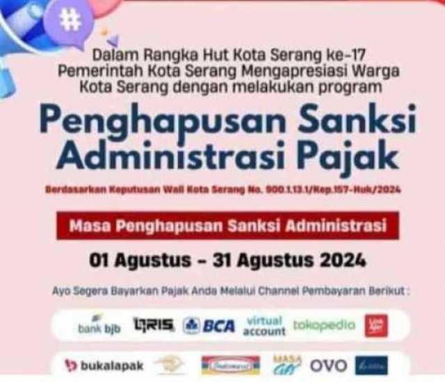  Sambut HUT Kota Serang, Bapenda Kota Serang Hapus Sanksi Administratif Pajak selama Agustus 
