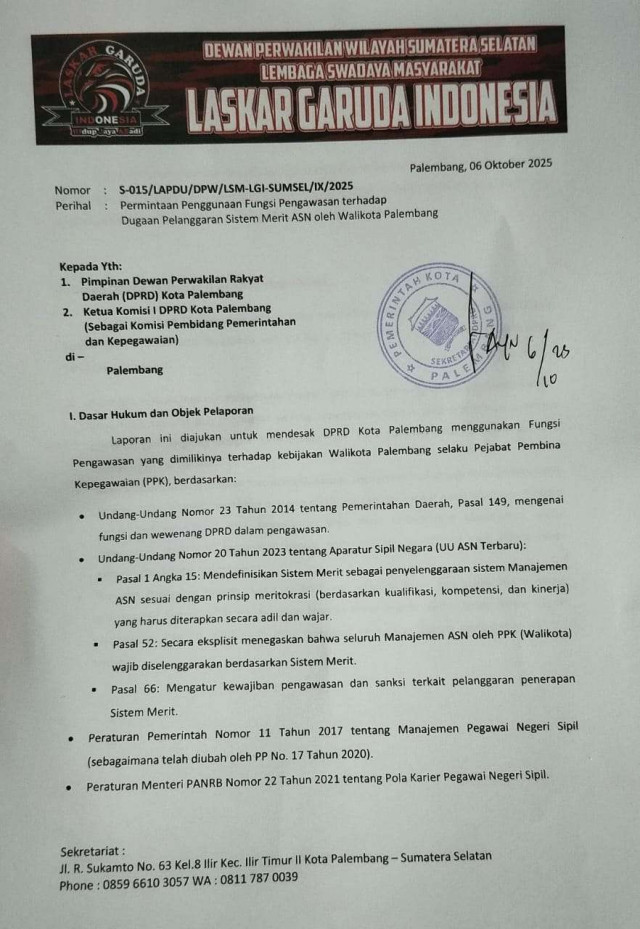 LGI Seret Walikota Palembang ke DPRD: Desak Dewan Gunakan Hak Interpelasi Soal Pelanggaran UU ASN 2023