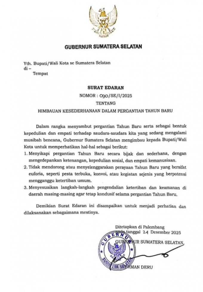 Tahun Baru 2026 Tanpa Euforia! Gubernur Sumsel Instruksikan Kepala Daerah Jaga Kamtibmas
