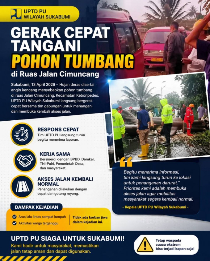 UPTD PU Wilayah Sukabumi Gerak Cepat Tangani Pohon Tumbang di Ruas Jalan Cimuncang