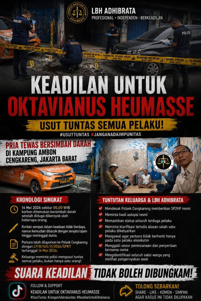 LBH Adhibrata Desak Polsek Cengkareng Usut Tuntas Dugaan Pembunuhan Oktavianus Heumasse 