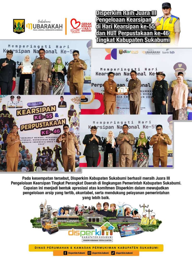 Disperkim Kabupaten Sukabumi Raih Juara III Pengelolaan Kearsipan Tingkat Perangkat Daerah