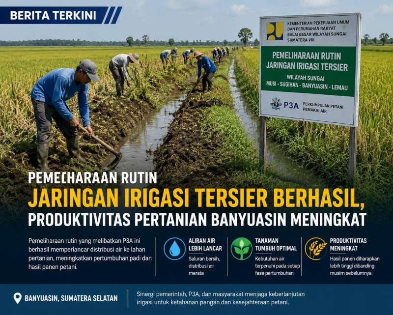Pemeliharaan Rutin Jaringan Irigasi Tersier Berhasil, Produktivitas Pertanian Banyuasin Meningkat