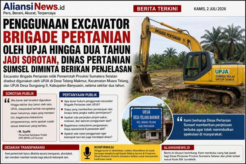 Penggunaan Excavator Brigade Pertanian oleh UPJA Hingga Dua Tahun Jadi Sorotan, Dinas Pertanian Sumsel Diminta Berikan Penjelasan Terbuka