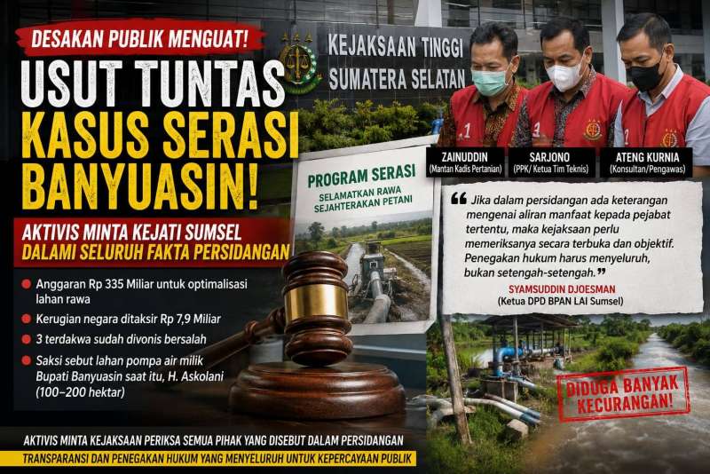 Desakan Usut Tuntas Korupsi Program SERASI Menguat, Aktivis Minta Kejati Sumsel Dalami Seluruh Fakta Persidangan