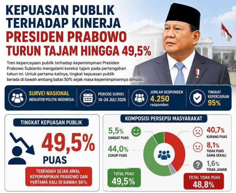 Kepuasan publik terhadap Prabowo terjun bebas ke 49,5%, hasil survei Indikator Politik bocor