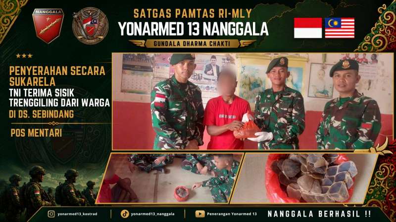 Gencarkan Komsos dan Edukasi Hukum, Satgas Pamtas Yonarmed 13/Nanggala Terima Penyerahan Sukarela 600 Gram Sisik Trenggiling dari Warga Perbatasan