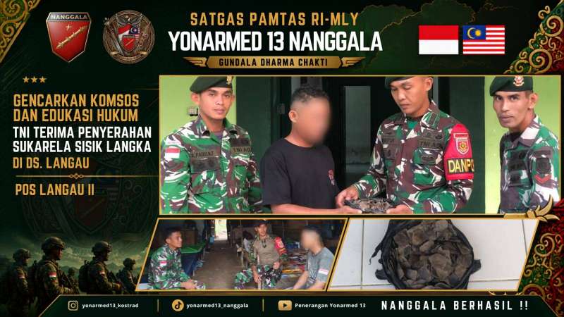 Gencarkan Komsos dan Edukasi Hukum, Satgas Pamtas Yonarmed 13/Nanggala Terima Penyerahan Sukarela ±1 Kg Sisik Trenggiling dari Warga Perbatasan