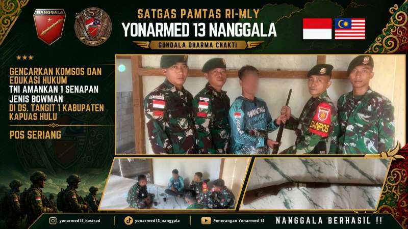 Gencarkan Komsos dan Edukasi Hukum, Satgas Pamtas Yonarmed 13/Nanggala Terima Penyerahan Sukarela 1 Pucuk Senjata Api Rakitan dari Warga Perbatasan