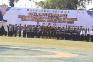 Apel Gelar Pasukan Dan Simulasi Karhutla di Griya Agung Palembang