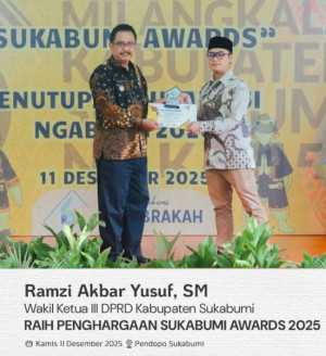 Wakil Ketua III DPRD Kabupaten Sukabumi, Ramzi Akbar Yusuf, SM, Raih Penghargaan pada Sukabumi Awards 2025