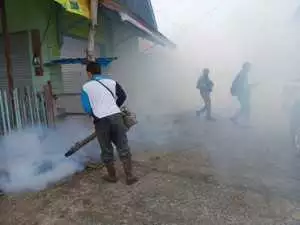 Babinsa Koramil 1016-01/Phd Dampingi Fogging Dinkes Palangka Raya Cegah Penyebaran DBD