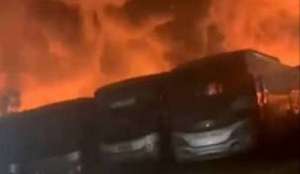 50 bus Sinar Jaya terbakar di Cikarang Barat, Bekasi