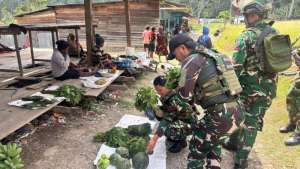 Ukir Senyum Mama-Mama Papua, Satgas Yonif 645/GTY Beli Hasil Bumi di Distrik Kelila