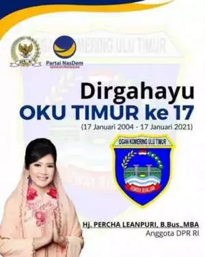 Hj. Percha Leanpuri, B.Bus, MBA "DIRGAHAYU KABUPATEN OKU TIMUR KE - 17"