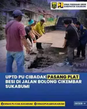 UPTD PU Cibadak Pasang Plat Besi Di Jalan Bojong Cikembar Sukabumi