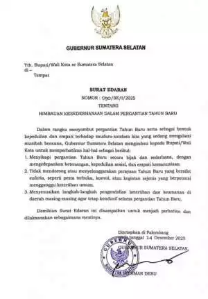 Tahun Baru 2026 Tanpa Euforia! Gubernur Sumsel Instruksikan Kepala Daerah Jaga Kamtibmas