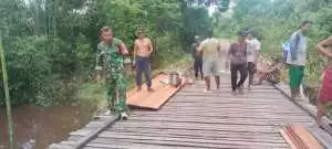 Wujud Kepedulian kepada Masyarakat, Babinsa Gotong Royong Perbaiki Jembatan