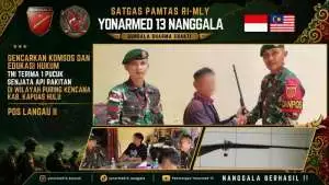 Gencarkan Komsos dan Edukasi Hukum, Satgas Pamtas Yonarmed 13/Nanggala Terima Penyerahan Sukarela 1 Pucuk Senjata Api Rakitan Jenis Bowman dari Warga Perbatasan